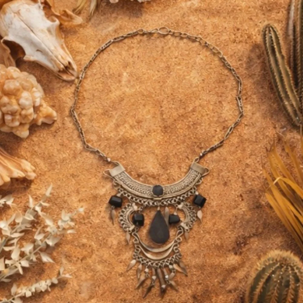 Vintage Peruvian Fringe Necklace Black Stone Boho Wire Work Statement - Picture 4 of 4